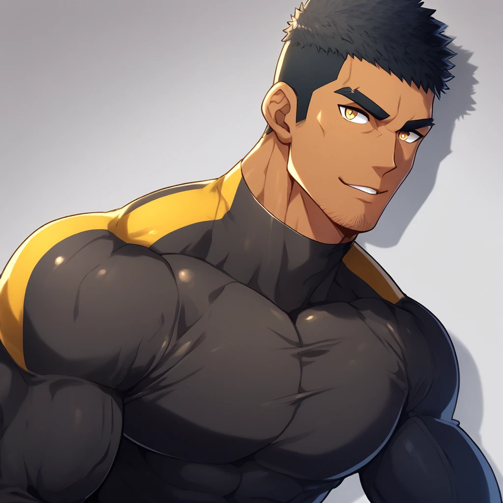 personajes de anime：gye, Estudiante de deportes musculares, negro piel negra, 1 tipo duro musculoso de piel oscura, hombría, enfoque masculino, Camiseta ajustada de manga larga con cuello alto a rayas amarillas y negras, Ligeramente transparente material, muy ajustado, Redondo, músculos del pecho llenos y alegres, Ligeramente transparente, muscular male, muscular, solo, Parte superior del cuerpo, alone, pelo corto negro, cejas gruesas, rastrojo, Ojos amarillos, fondo gris, fondo sencillo, calidad increíble, Mejor estetica, Ridículo, pupilas brillantes, Corte de equipo, Labios partidos, sonrisa seductora, torogao, Cara traviesa, sombra paralela, mejor calidad