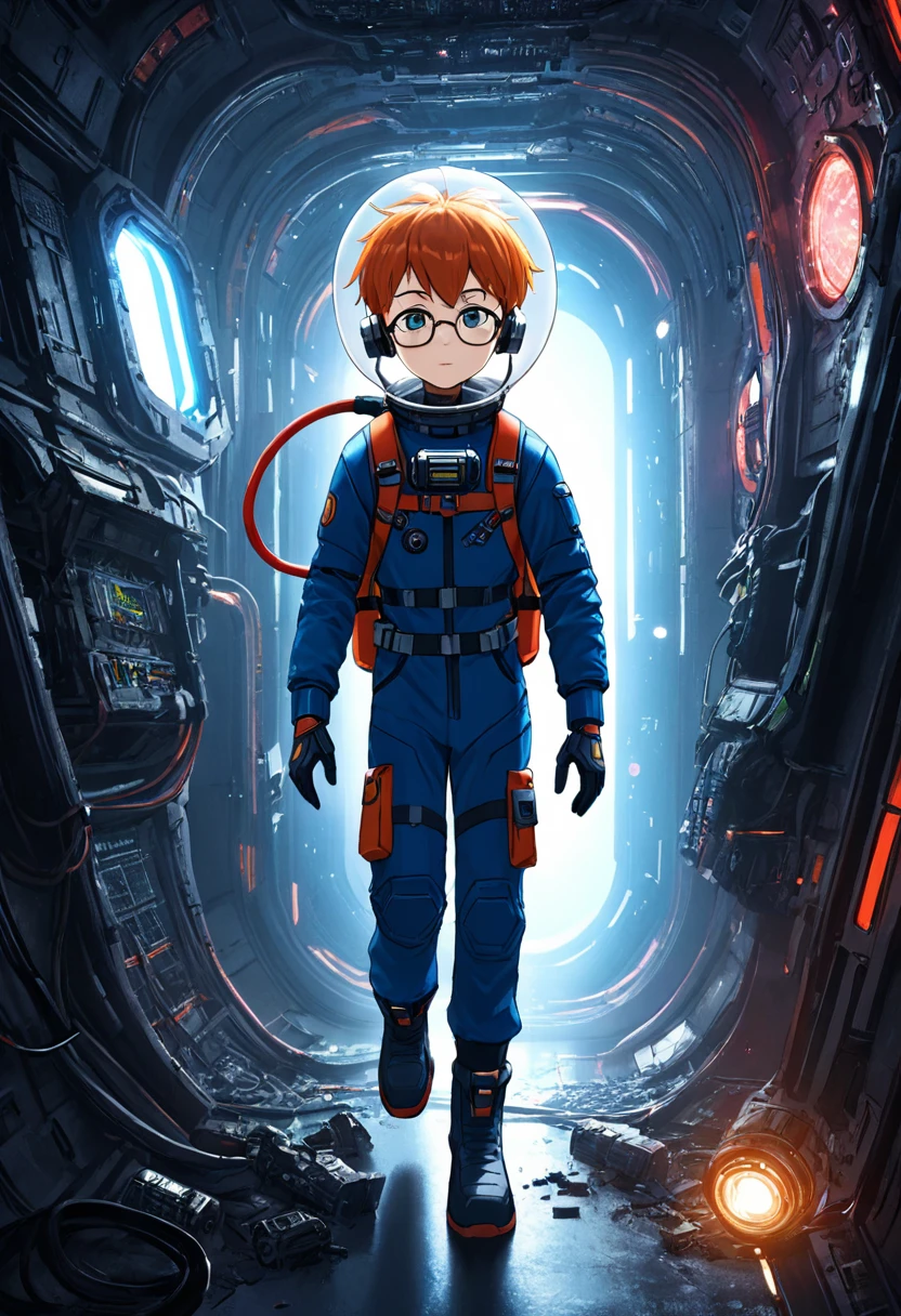 (spacesuit)), navy blue spacesuit, (dynamic pose:1.5), (best quality, masterpiece, absurdres, highres, ultra_detailed, dynamic angle:1.2), 1 girl, full body image of a young kid girl exploring a derelict spaceship, small stature, flat chest, floating in a derelict spaceship, exploring a derelict spaceship, outer space, levitating, cables, cramped corridor, damage, sci-fi console, glowing cybernetics, gloves, boots, backpack, air hose, pace helmet, face under glass, wearing glasses, ((headset with microphone)), derelict spaceship interior, hull breach, windows, in dynamic pose, walls covered with (glowing alien inscriptions:1.3), debris, dust, futuristic, sci-fi, (intricate details, hyperdetailed:1.15), (ultrahigh resolution textures), bokeh, floating, curious, nervous, scared, holding flashlights, kids, (volumetric, cinematic, dim red) lighting, volumetric lighting, zero gravity, depth of field, space, starfield