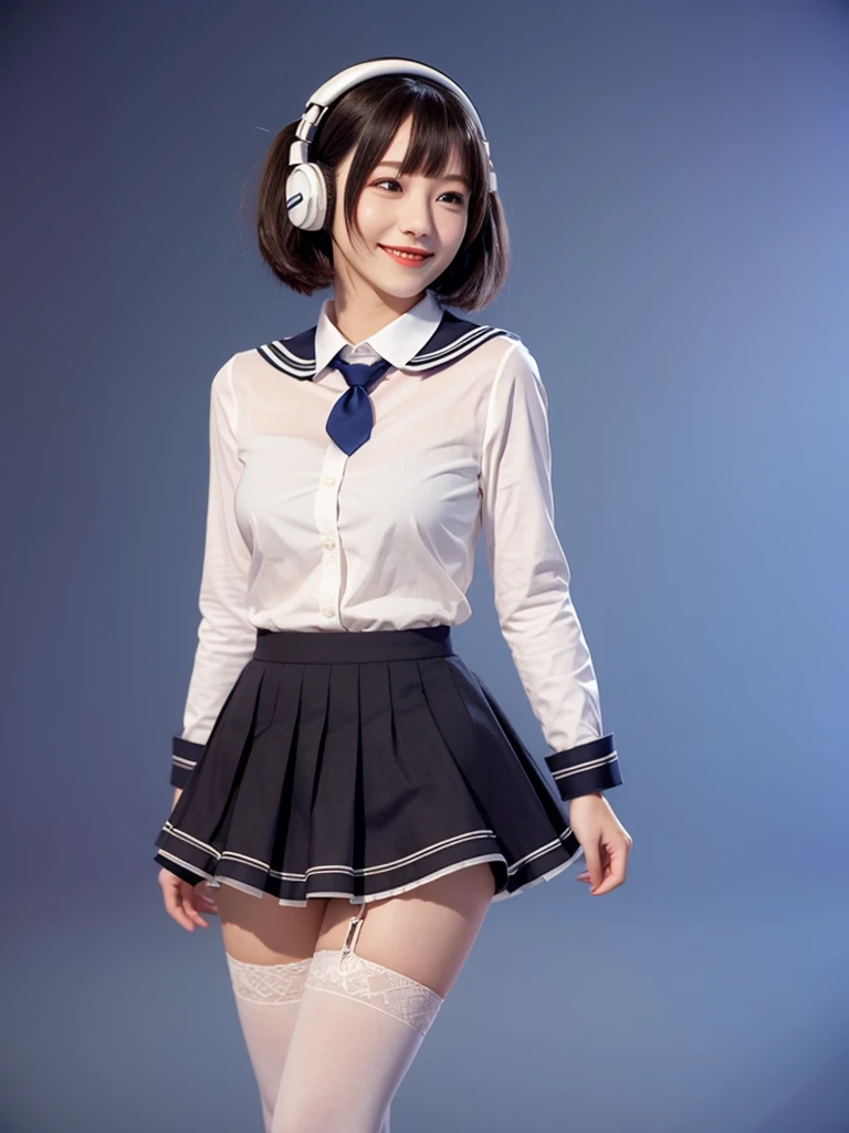 best quality, masterpiece, realistic, photorealistic, 1girl, solo, looking at viewer, smile, standing, full body, arms at side, cosplay, BLACK hair, twintails, Hair Ornament], very short hair, headphones, alternate costume, , sailor collar, shirt, long sleeves, necktie, skirt, pleated skirt, white thighhighs, loafers, simple background, Japanese women、24-years-old、The background is a pure white room、Singing on a microphone、The chest is very small、very Short hair、Part your bangs and sweep them to the side