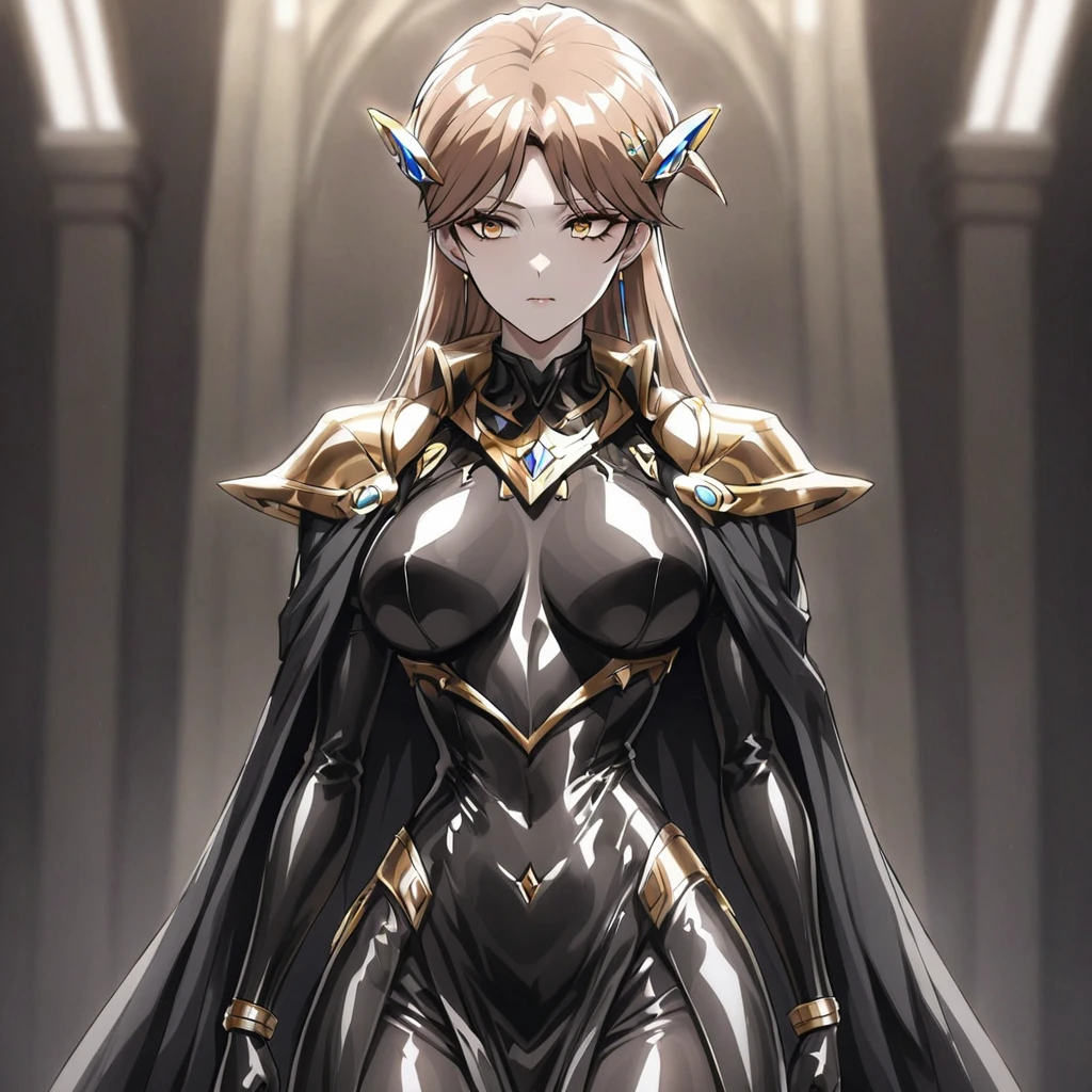 ((Highest quality)), ((masterpiece)), (detailed), （Perfect Face）、The woman is Princess Leona, with medium-long light brown hair, wearing a shiny, flashy, sexy, revealing black dress bodysuit, an open-front skirt, a cape, a headgear, lipstick and makeup, and is an evil female executive who is standing next to a man who is the dignified boss of an evil organization.、Women are brainwashed, expressionless, and have no highlights in their eyes.