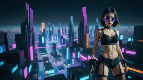 cyberpunk female plagiarist immersed in digital theft, neon-lit alias within a vast online labyrinth, grotesque grunge brushing ...