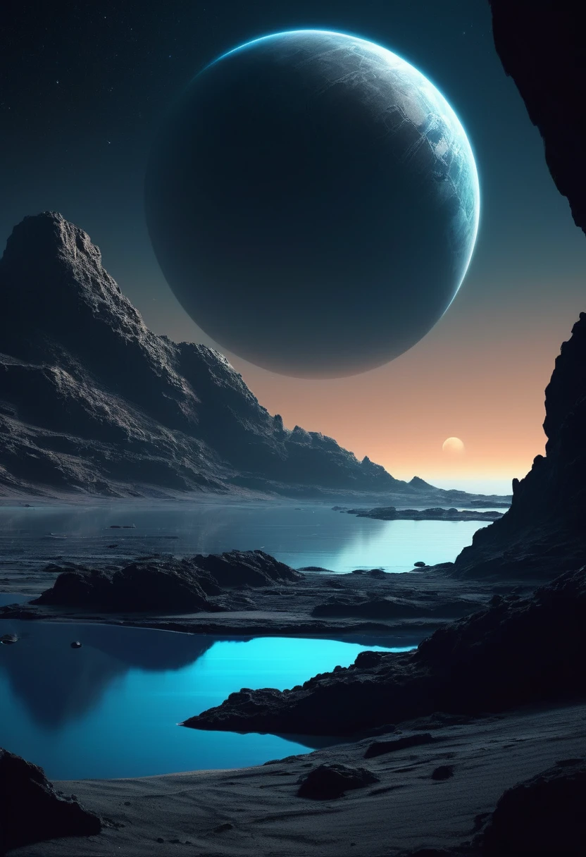 créer une vision de deux planètes gris foncé superposées dans un espace nocturne sombre vu depuis la surface bleue d&#39;une PLANÈTE sablonneuse sans montagnes et une surface sablonneuse et un style cyberpunk d&#39;eau bleu foncé la nuit au loin, a un bâtiment large et bas de 2 étages, semblable à une station de recherche gris foncé, avec des fenêtres éclairées encastrées dans la roche,  l&#39;espace est sombre et on ne peut voir que la silhouette d&#39;un côté des planètes à travers l&#39;atmosphère dense, obscurité totale, horizon sombre, pénombre, aussi réaliste que possible, le soleil est hors de propos, a un bâtiment horizontal avec des fenêtres éclairées, Il&#39;un petit bâtiment sur le rocher, installation scientifique sombre et sinistre