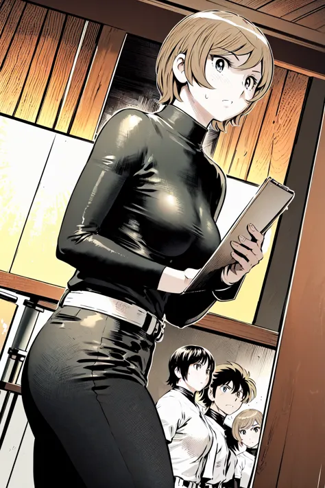 (野球uniform:1.2),
blonde hair, (short hair:1.2),long sleeve, black shirt, turtleneck,white trousers、uniform、black belt、((illustra...