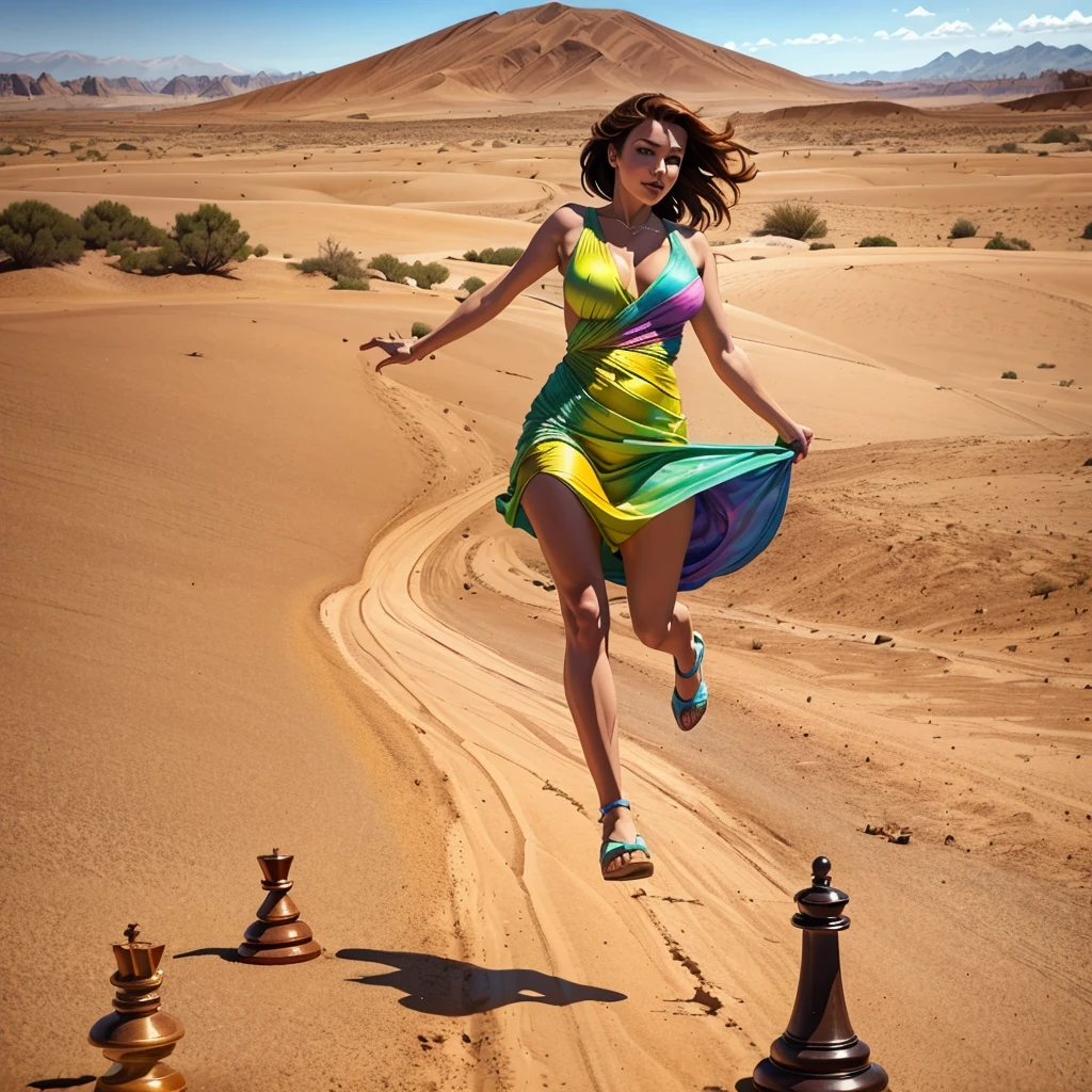 امرأة ترتدي ثوبًا بألوان قوس قزح تقفز وتركض فوق رقعة شطرنج ضخمة موضوعة في الصحراء, محاطة بالجنادب ذات الألوان المختلفة, (جودة HDR 4K, 8 كيلو, جودة عالية)