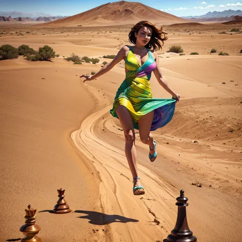 A woman in rainbow color gown jumping and running over a huge chess board that is placed in the desert, surrounded by different ...
