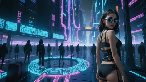 cyberpunk female plagiarist immersed in digital theft, neon-lit alias within a vast online labyrinth, grotesque grunge brushing ...