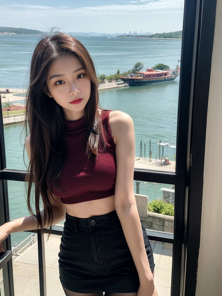 masterpiece，Best quality eighteen year old beautiful girl，huge ，Burgundy tights，Standing by the sea view room window，Frontal upper body photo，night view，high nose，Oval face，red phoenix eye，Liu Yemei，Ultra-clear，Realistic，16K resolution，Award-winning photography