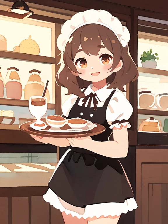 (Highest quality,Ultraless,masterpiece:1.2) (watercolor: 1.25) (pastel colour: 1) One young Asian woman welcoming you to a cafe ,Black French Maid Costume, A silver tray with a delicious latte, Attractive look, Wavy brown hair, Round brown eyes, Coffee shop setting, early morning, A gentle smile