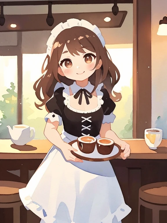 (Highest quality,Ultraless,masterpiece:1.2) (watercolor: 1.25) (pastel colour: 1) One young Asian woman welcoming you to a cafe ,Black French Maid Costume, A silver tray with a delicious latte, Attractive look, Wavy brown hair, Round brown eyes, Coffee shop setting, early morning, A gentle smile