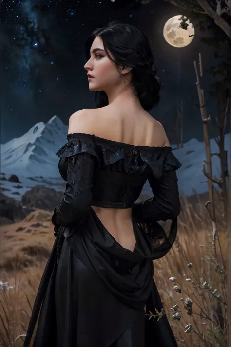 (Photorealistic),photograph,Best image quality, Ultra-high resolution, (realism: 1.5),One Witch,Landscape,Upper Body,Black Costu...