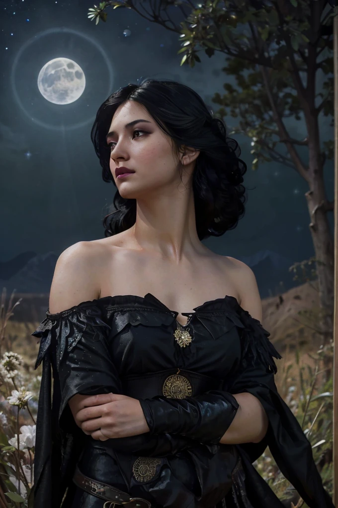 (Photorealistic),photograph,Best image quality, Ultra-high resolution, (realism: 1.5),One Witch,Landscape,Upper Body,Black Costume,Black Hair,alphonse mucha like,Moonlit Night,Starry Sky,Perfect human body,25-year-old woman,Gazing into the distance