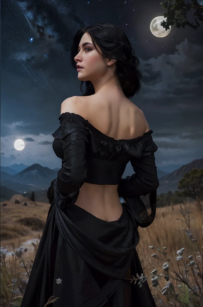 (Photorealistic),photograph,Best image quality, Ultra-high resolution, (realism: 1.5),One Witch,Landscape,Upper Body,Black Costume,Black Hair,alphonse mucha like,Moonlit Night,Starry Sky,Perfect human body,25-year-old woman,Gazing into the distance,Background: Small hill