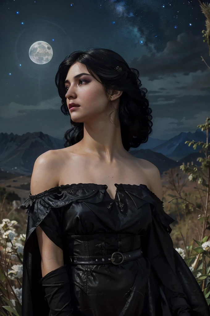 (Photorealistic),photograph,Best image quality, Ultra-high resolution, (realism: 1.5),One Witch,Landscape,Upper Body,Black Costume,Black Hair,alphonse mucha like,Moonlit Night,Starry Sky,Perfect human body,25-year-old woman,Gazing into the distance,Background: Small hill