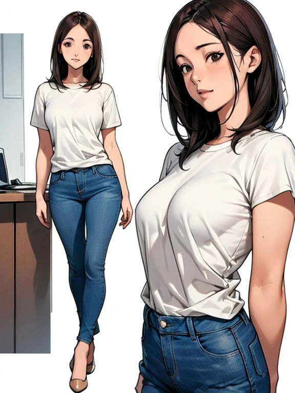 Detailed character sheet, Front view, Side view, Oblique view, with a white returnground, show women, 30 years old, with short dark brown hair combed return, Light casual clothing, Wearing tight denim jeans. The seat includes different angles, Front desk etc.., return, and Side views, Model and Reference Sheets, Full body painting. The ratio is based on 7.5 Head Scale.