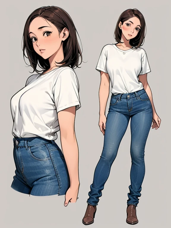 ficha de personagem detalhada, vista frontal, vista lateral, visão oblíqua, with a white retornarground, mostrar mulheres, 30 anos de idade, with short dark brown hair combed retornar, roupas casuais leves, Vestindo jeans apertados. O assento inclui diferentes ângulos, Recepção etc..., retornar, and vista laterals, Modelo e folhas de referência, Pintura de corpo inteiro. A proporção é baseada em 7.escala de 5 cabeças.