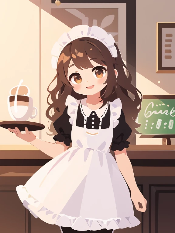 (Highest quality,Ultraless,masterpiece:1.2)  (pastel colour: 1) A young girl welcoming you to the cafe ,Black French Maid Costume, A silver tray with a delicious latte, Attractive look, Wavy brown hair, Round brown eyes, Coffee shop setting, early morning, A gentle smile，