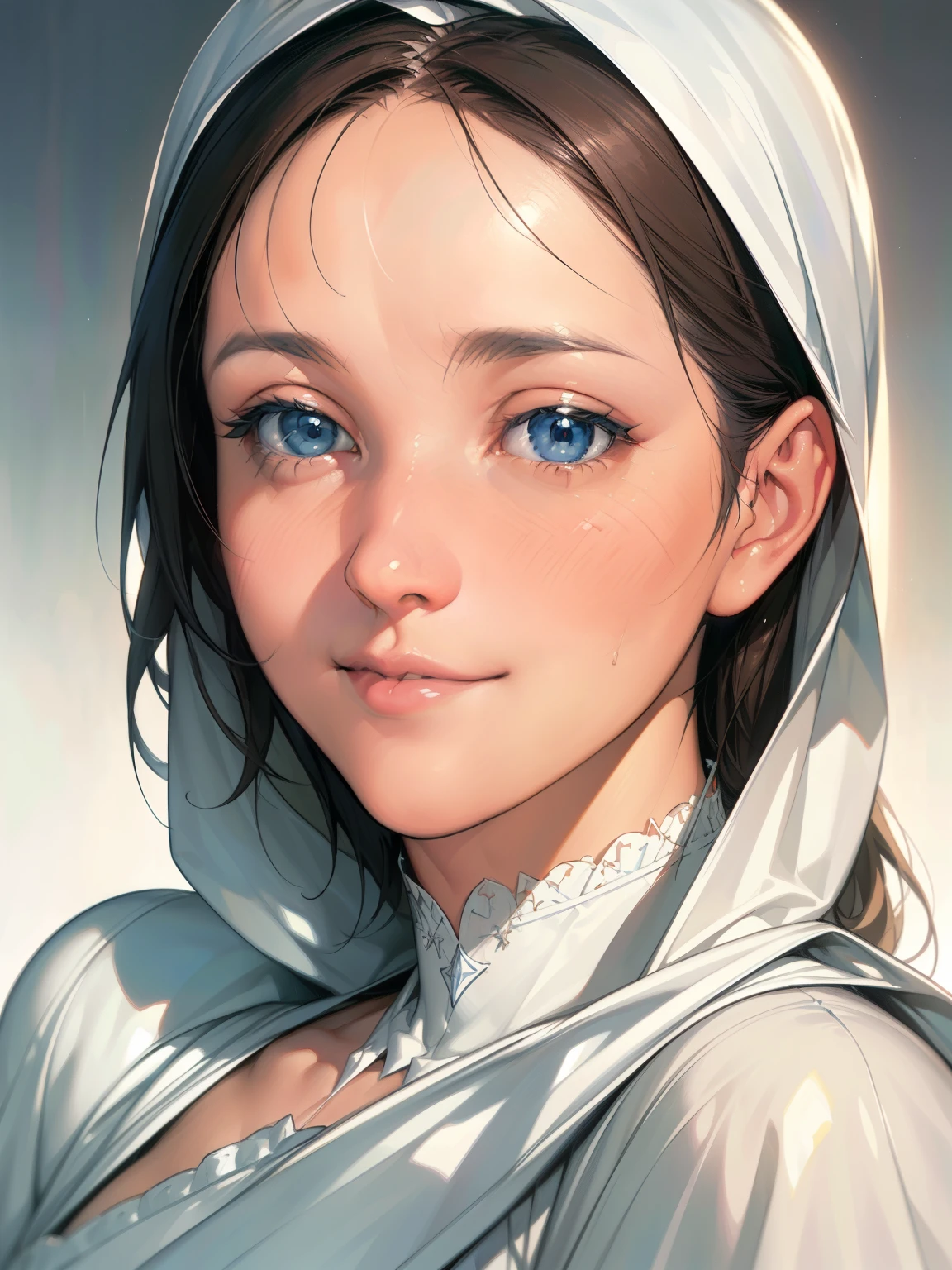 A beautiful ultra-thin Realistic portrait of the Virgin Mary, White outfit with blue details, ((Divinity)), whole body, Biblical, Realistic, Intricate details, Abbott Fuller Graves, Bartholomew Esteban Murillo, JC Leyendecker, Craig Mullins, Peter Paul Rubens, (Caravaggio), Art Station Trends, 8K, Concept Art, Fantasy art, PhotoRealistic, Realistic, shape, Oil, Surrealism, HyperRealistic, Brush Brush, Digital Art, style, watercolor, (A saint with a gentle smile), (RAW Photos, Realistic: 1.25), (Lip gloss, eyelash, Shining Face, Shiny skin, Highest quality, Ultra-high resolution, Written boundary depth, chromatic aberration, Caustics, Moisturized lips, Super Cropped Face, Shining details),