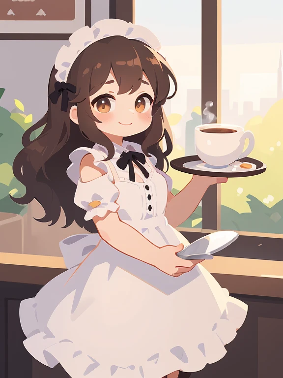 (Highest quality,Ultraless,masterpiece:1.2) (pastel colour: 1) A young girl welcoming you to the cafe ,Black French Maid Costume, A silver tray with a delicious latte, Attractive look, Wavy brown hair, Round brown eyes, Coffee shop setting, early morning, A gentle smile，