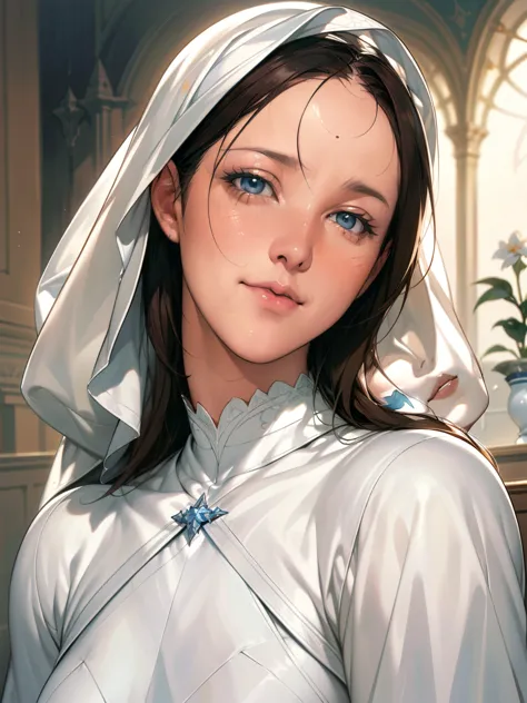 a beautiful ultra-thin realistic portrait of the virgin mary, white outfit with blue details, ((divinity)), whole body, biblical...