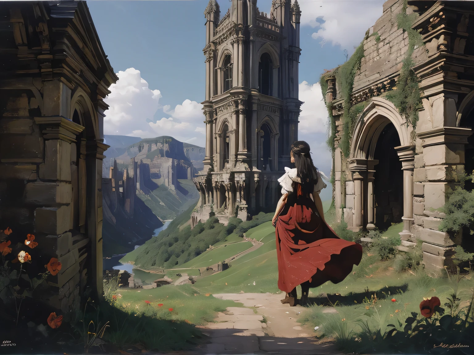 a full body girl wearing a purple and white medieval dress dancing in a battlefield,with a great castle mid a open landscape,detailed eyes and mouth,megalomania,city ruins,bealtifull landscape,yellow flowers field,old trees,little lake on corner,detailed,oil painting,noise,film grain,renascentist,frame,art style,art nouveau,far camera,shadow of the colossus,fellings