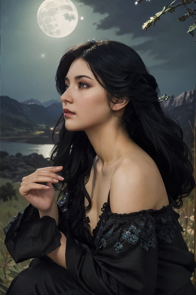 (Photorealistic),photograph,Best image quality, Ultra-high resolution, (realism: 1.5),One Witch,Landscape,Upper Body,Black Costume,Black Hair,alphonse mucha like,Moonlit Night,Starry Sky,Perfect human body,25-year-old woman,Gazing into the distance,Background: Small hill