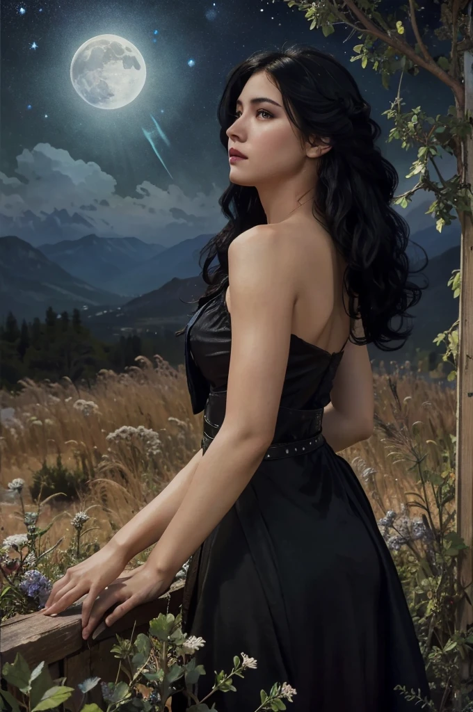 (Photorealistic),photograph,Best image quality, Ultra-high resolution, (realism: 1.5),One Witch,Landscape,Upper Body,Black Costume,Black Hair,alphonse mucha like,Moonlit Night,Starry Sky,Perfect human body,25-year-old woman,Gazing into the distance,Background: Small hill