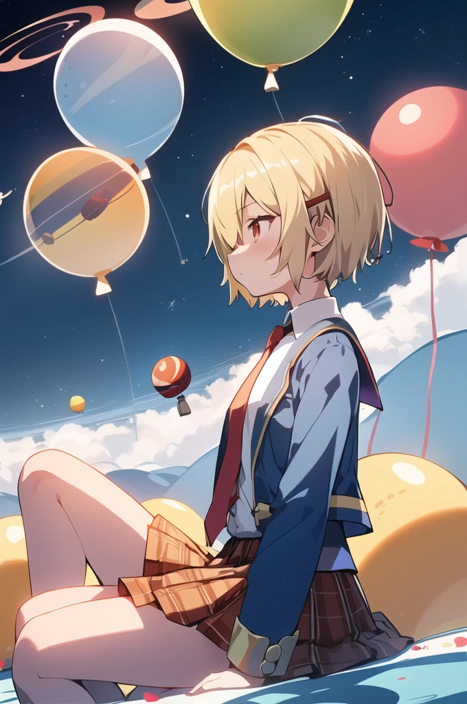 ([balloon:small planets:0.5]:1.4), (small_planets inside of balloon:1.4), (A lot of colorful small_planets:1.35)
(colorful planets, Earth, Floating Petals, big balloon:1.22),
1 Girl, Cute face,
whole body, Sitting, Beautiful eyes in every detail, barefoot, Outfit combinations, goddess, Perfect body, [Browsing Caution:0.88]
(Sitting on ice_planet:1.22)
(A lot of [Floating blue butterfly:floating ice:0.4]:1.22)
(Detailed light), (Very delicate and beautiful), Volumetric Light, Best Shadow,Cinema Lighting, Depth of written boundary, Dynamic Angle, Oily skin,(Barrette)、(((Hair on one eye)))、(((Blonde short hair))),(Red eyes)、Blue blazer、White shirt、Red tie、Brown plaid skirt、