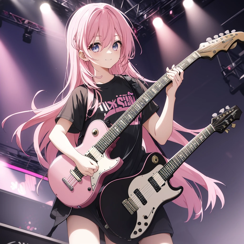 (((Holding a guitar　Pink Hair　Black Shirt)))　((Pink Hair　Rainbow Eyes　Long Hair　Receiving the light　smile　On stage))　(Shining Edge　Pillar of Light)