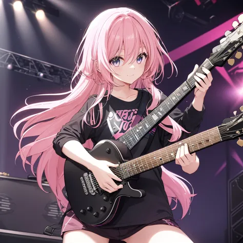 (((holding a guitar　pink hair　black shirt)))　((pink hair　rainbow eyes　long hair　receiving the light　smile　on stage))　(shining ed...