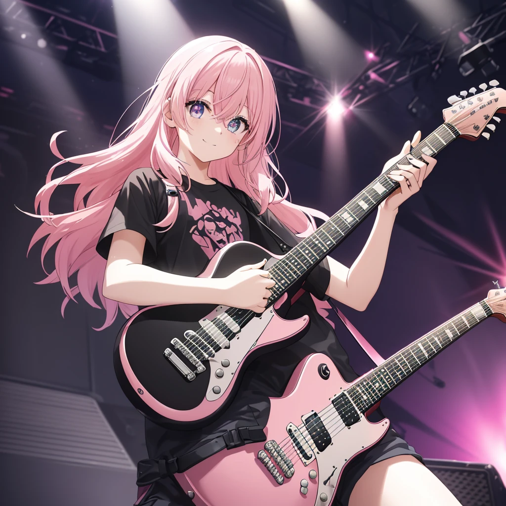 (((Holding a guitar　Pink Hair　Black Shirt)))　((Pink Hair　Rainbow Eyes　Long Hair　Receiving the light　smile　On stage))　(Shining Edge　Pillar of Light)