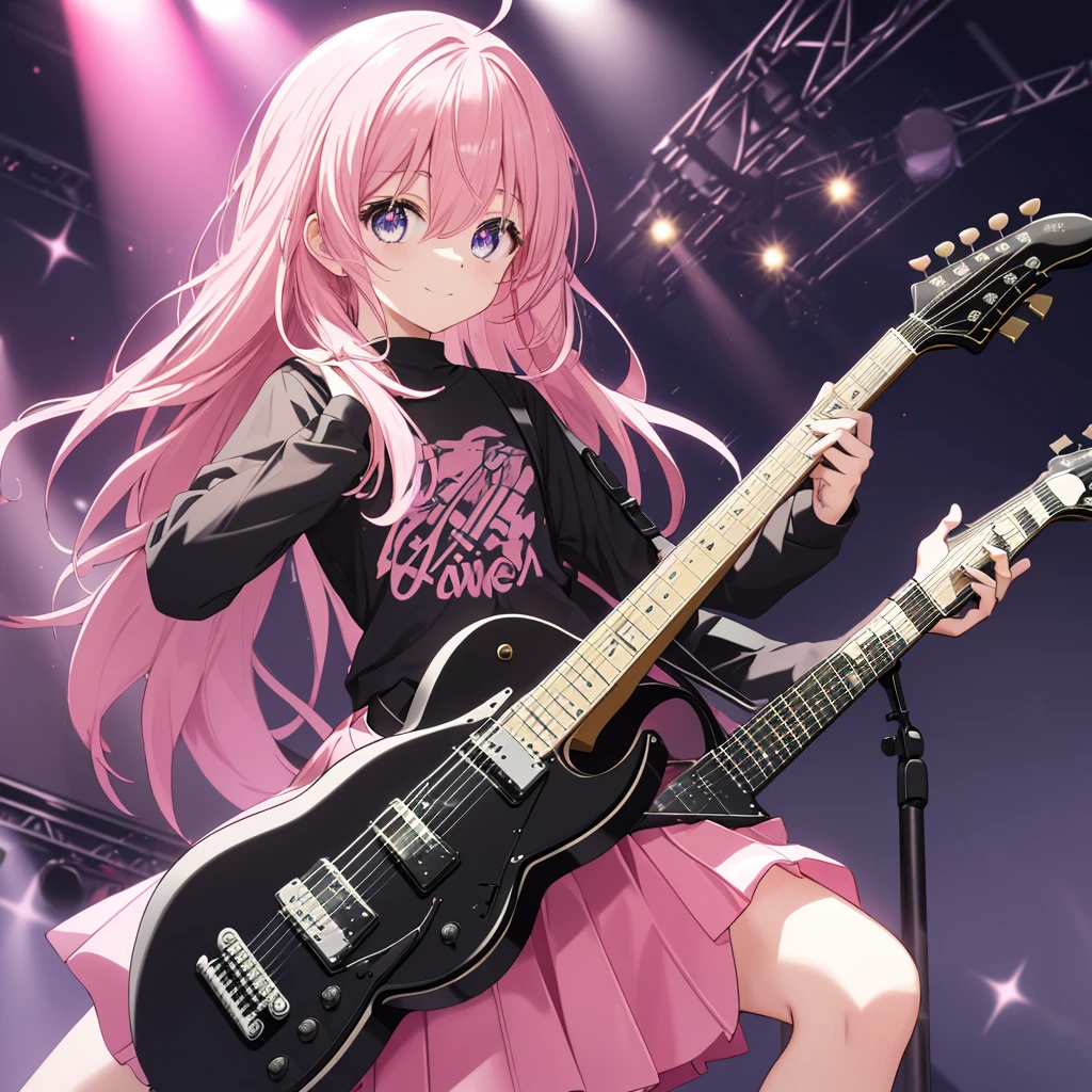 (((Holding a guitar　Pink Hair　Black Shirt)))　((Pink Hair　Rainbow Eyes　Long Hair　Receiving the light　smile　On stage))　(Shining Edge　Pillar of Light)