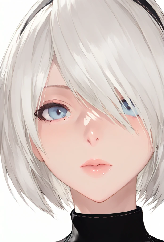 yorha 2B, Nier automata, (black visor, yorha visor), mature woman, white hair, mature body, looking up at viewer, front view, close view