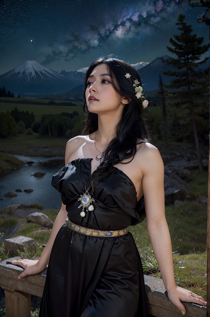 (Photorealistic),photograph,Best image quality, Ultra-high resolution, (realism: 1.5),One Witch,Landscape,Upper Body,Black Costume,Black Hair,alphonse mucha like,Moonlit Night,Starry Sky,Perfect human body,25-year-old woman,Gazing into the distance,Background: Small hill,(Japanese)