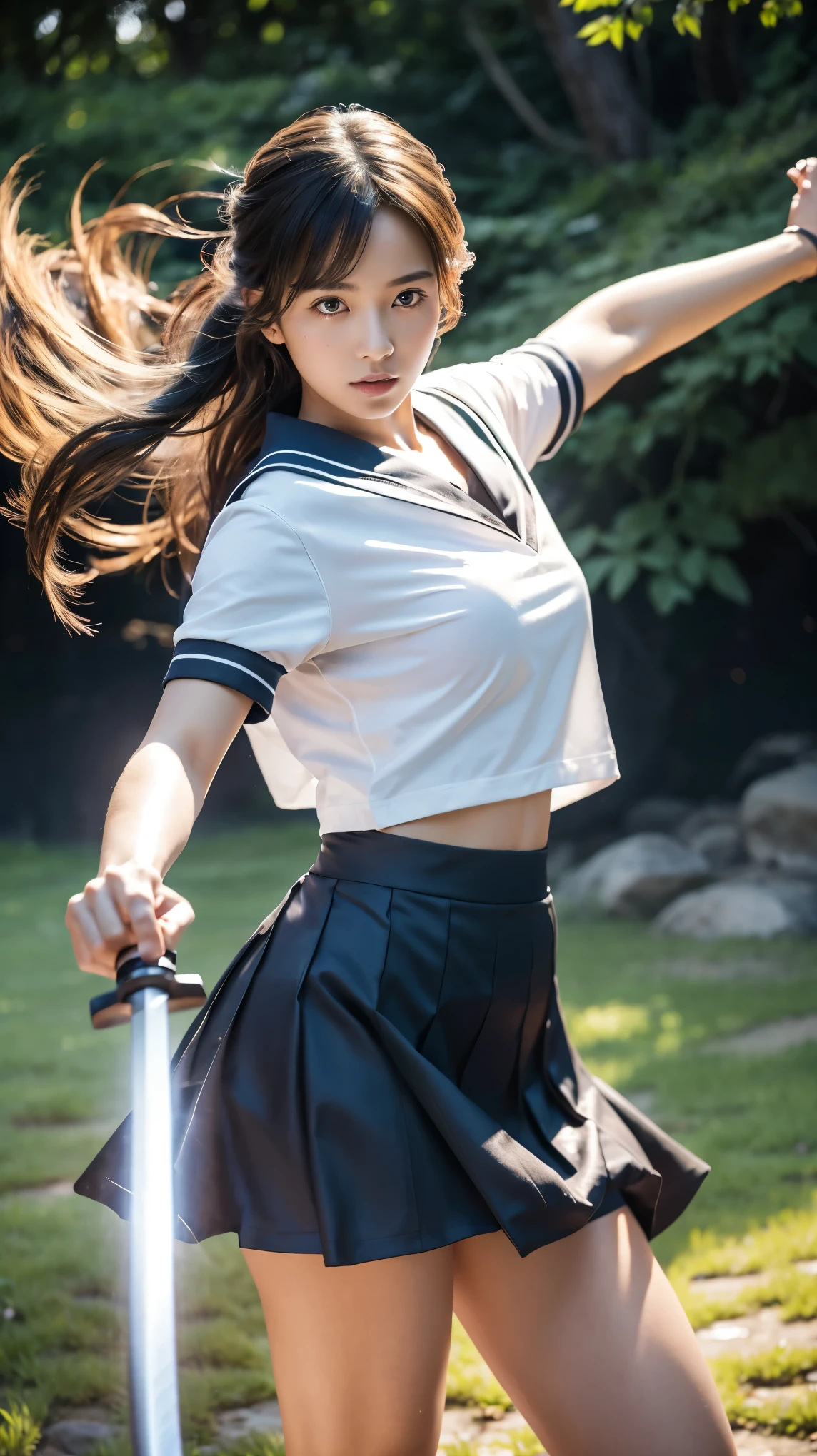 (Ultra HD, Highest quality, High resolution, Hyperrealistic, super beautiful), 24000dpi, (Holding a Japanese sword, Two-Way, Electric shock), Charge Move, Special move stance, All in one, Dance, Beautiful woman, Long Tail, Well-formed eyes, Eyesight max, 18-year-old, Alluring, Completely American, perfect body, Physical Beauty, (Sailor suit, mini skirt),whole body