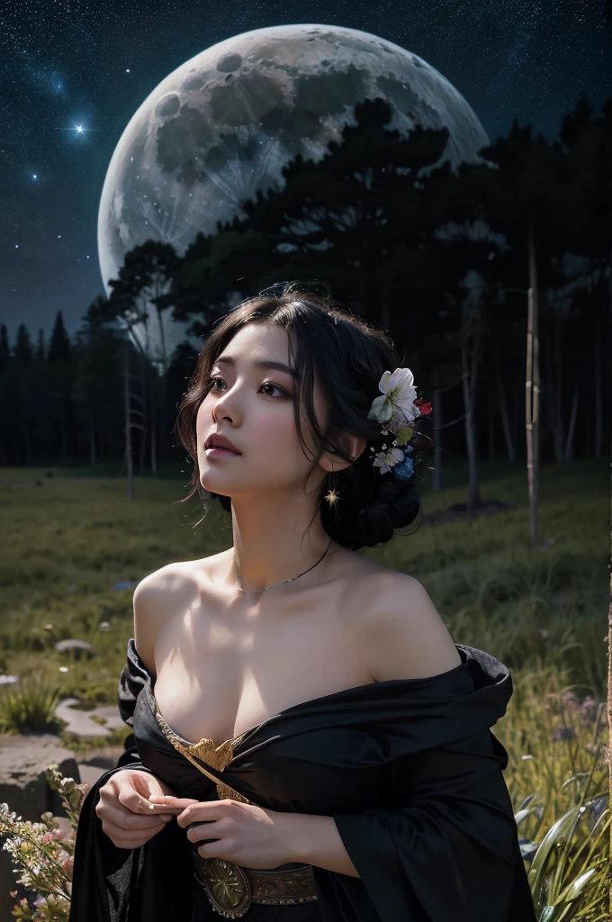 (Photorealistic),photograph,Best image quality, Ultra-high resolution, (realism: 1.5),One Witch,Landscape,Upper Body,Black Costume,Black Hair,alphonse mucha like,Moonlit Night,Starry Sky,Perfect human body,25-year-old woman,Gazing into the distance,Background: Small hill,(Japanese)