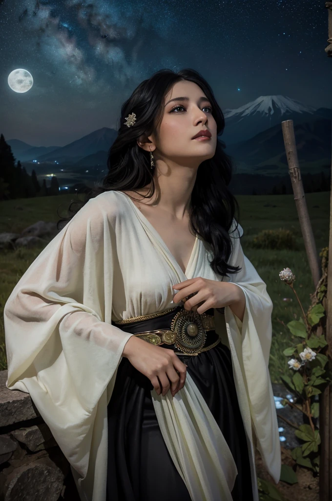 (Photorealistic),photograph,Best image quality, Ultra-high resolution, (realism: 1.5),One Witch,Landscape,Upper Body,Black Costume,Black Hair,alphonse mucha like,Moonlit Night,Starry Sky,Perfect human body,25-year-old woman,Gazing into the distance,Background: Small hill,(Japanese)