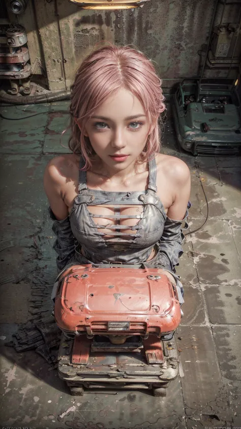 ((1woman, Mecánica automotive: sexy, pink hair in soft waves, oil stains on face, pink cheeks, adorned with a mechanic&#39;s cap...
