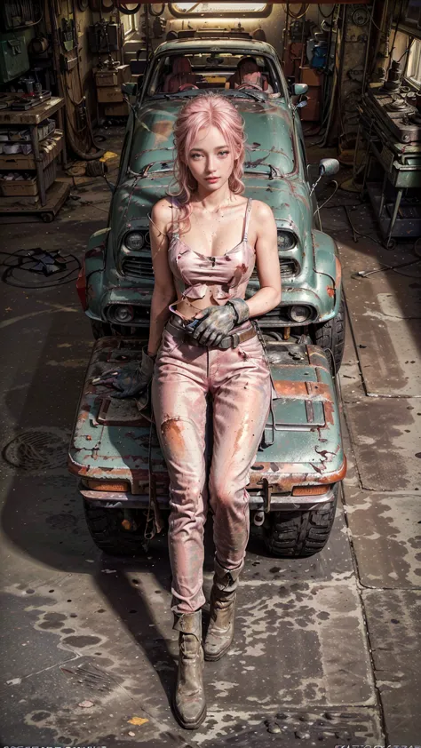 ((1woman, Mecánica automotive: sexy, pink hair in soft waves, oil stains on face, pink cheeks, adorned with a mechanic&#39;s cap...