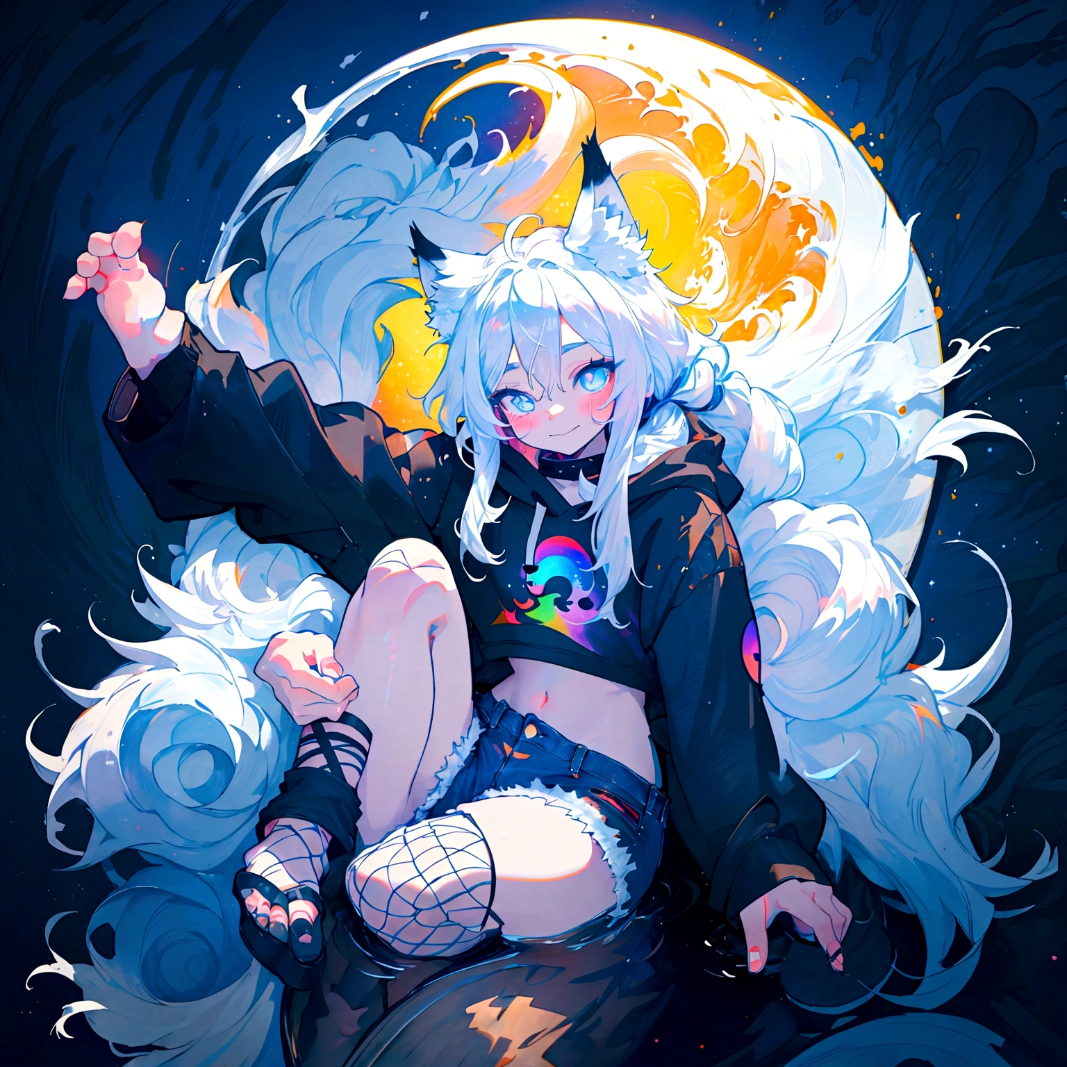 a cute adult male with wolf ears, long white hair, long locks, has a wolf tail, wearing a loose cropped black hoodie, wearing a pair of denim short shorts and fishnet stockings, thick thighs, wide hips, relaxing on mound of fluffy multi colored kawaii plushies, short, very slim, showing slender tummy, heart on hoodie, squishy thighs, has glowing blue eyes. alone, solo (ALONE)(SOLO), surrounded by rainbows, colorful galaxy backround, smiling, stretching out, water reflection