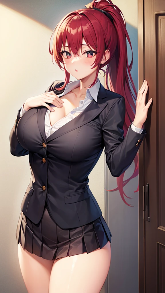 1girl, underwear, tight shirt, open blazer, lingerie, big chest, long torso, red hair, ponytail, shiny skin, cupboard stretching upwards