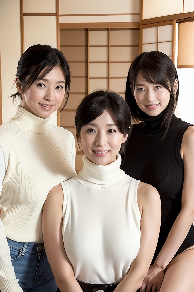 (((Group photo of three Japanese beauties)))、Everyone has a different style and hairstyle, beautiful、Sexual pose、White turtleneck sleeveless knit sweater、Accentuate your breasts、living room