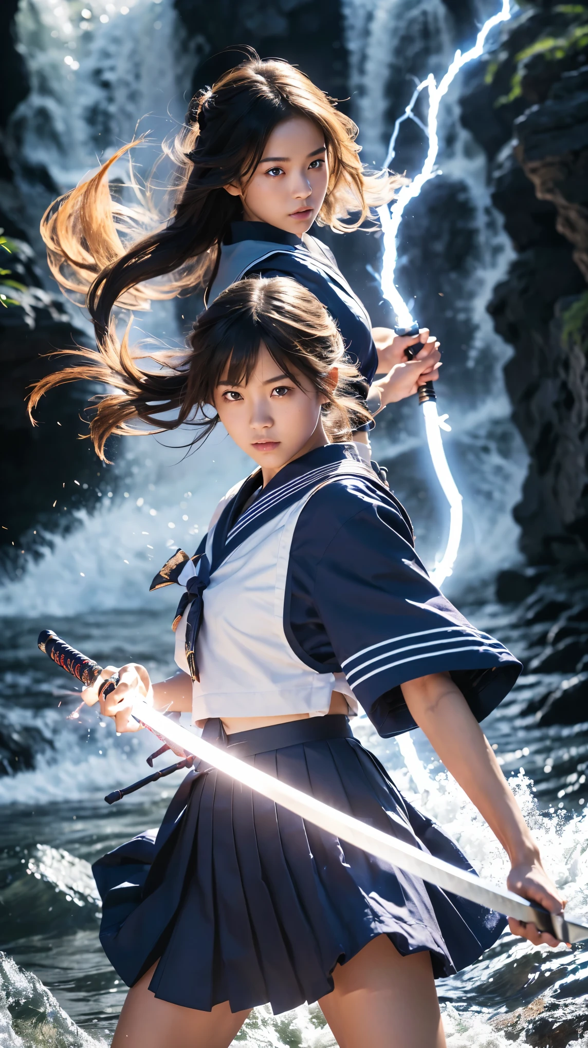 (Ultra HD, Highest quality, High resolution, Hyperrealistic, super beautiful), 24000dpi, Beautiful woman, Long Tail, Well-formed eyes, Eyesight max, 18-year-old, Alluring, Completely American, perfect body, Physical Beauty, ((Japanese blue sailor uniform:1.2, Navy blue mini skirt, serafuku)), (((2 foot knife, He is carrying an electric Japanese sword., Two-Way))), Blue Lightning, Charge Move, Special move stance, All in one, (Seven swords fly around her), whole body