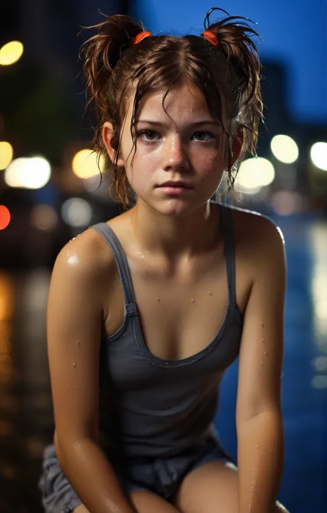 "streetpunk sexy" - visualize a full body photo of a 18 year old woman that looks like 12 years old on a city street. rainy nigh...