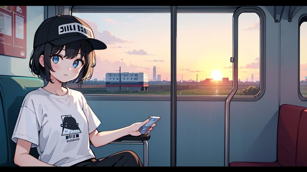 1girl, solo, blue eyes, (detailed eyes), flat chest, short hair, black hair, baseball cap, white cap, ((white t-shirt)), simple t-shirt, black skirt, black socks, upper body, ((masterpiece, illustration, best quality)) sitting by the train window viewing the sunset by the seashore