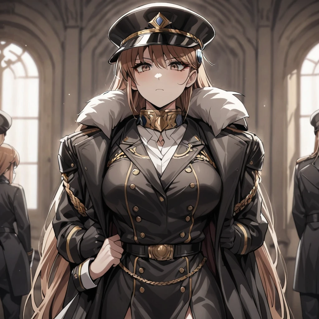 ((Highest quality)), ((masterpiece)), (detailed), （Perfect Face）、The woman is Princess Leona, with medium-long light brown hair, wearing a sexy black military uniform and cap for women, and is being held in the arms of a rugged, powerful, and dignified old general in a luxurious room.、Women are brainwashed, expressionless, and have no highlights in their eyes.