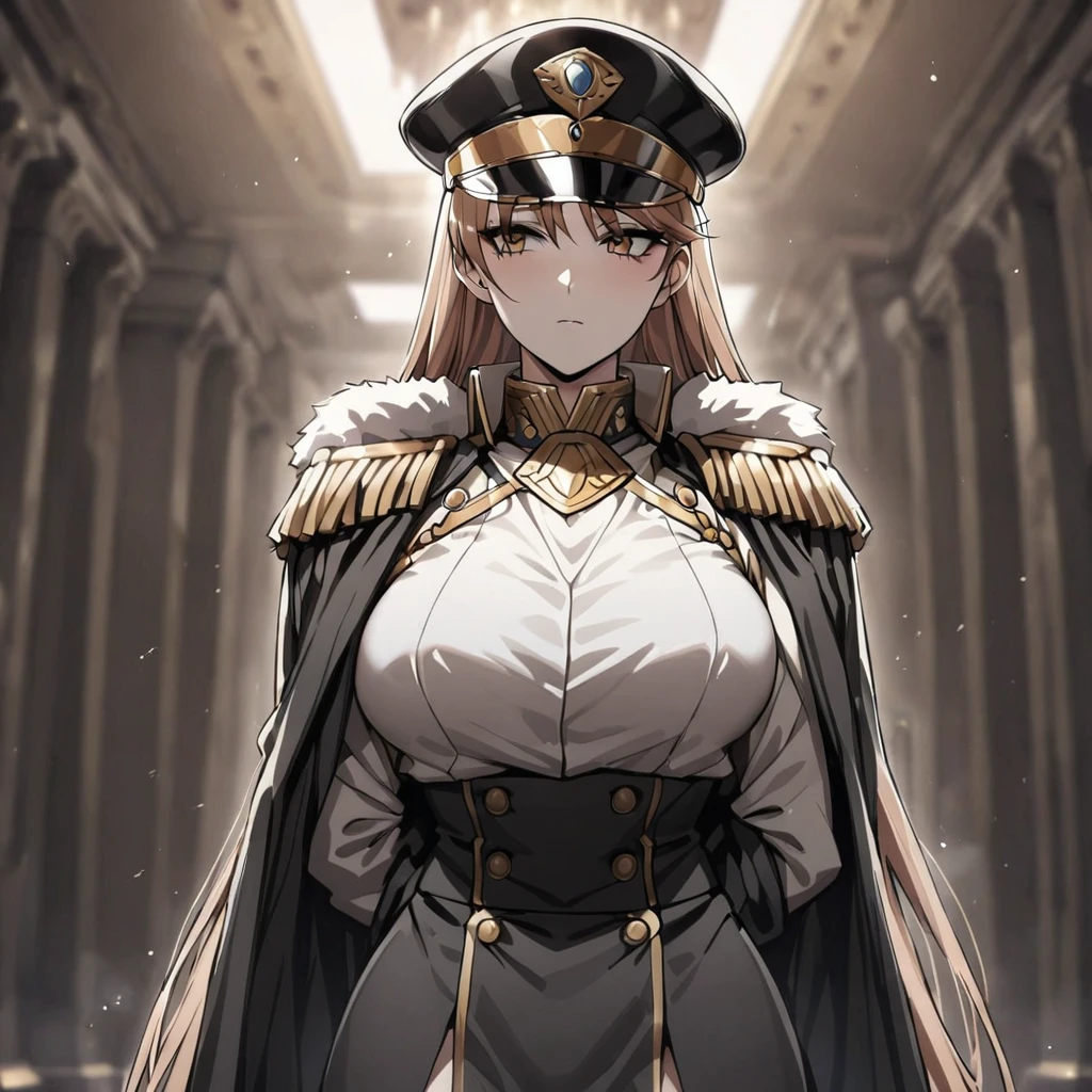 ((Highest quality)), ((masterpiece)), (detailed), （Perfect Face）、The woman is Princess Leona, with medium-long light brown hair, wearing a sexy black military uniform and cap for women, and is being held in the arms of a rugged, powerful, and dignified old general in a luxurious room.、Women are brainwashed, expressionless, and have no highlights in their eyes.