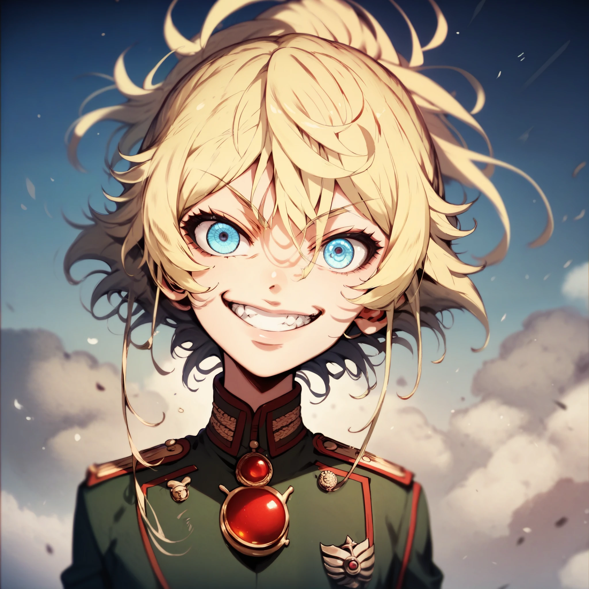 score_9, score_8_up, score_7_up, score_6_up, score_5_up, score_4_up, 1 girl, TanyaDegurechaff, no expression, evil smile, grin, beautiful sparkling blue eyes, military uniform, fierce battlefield