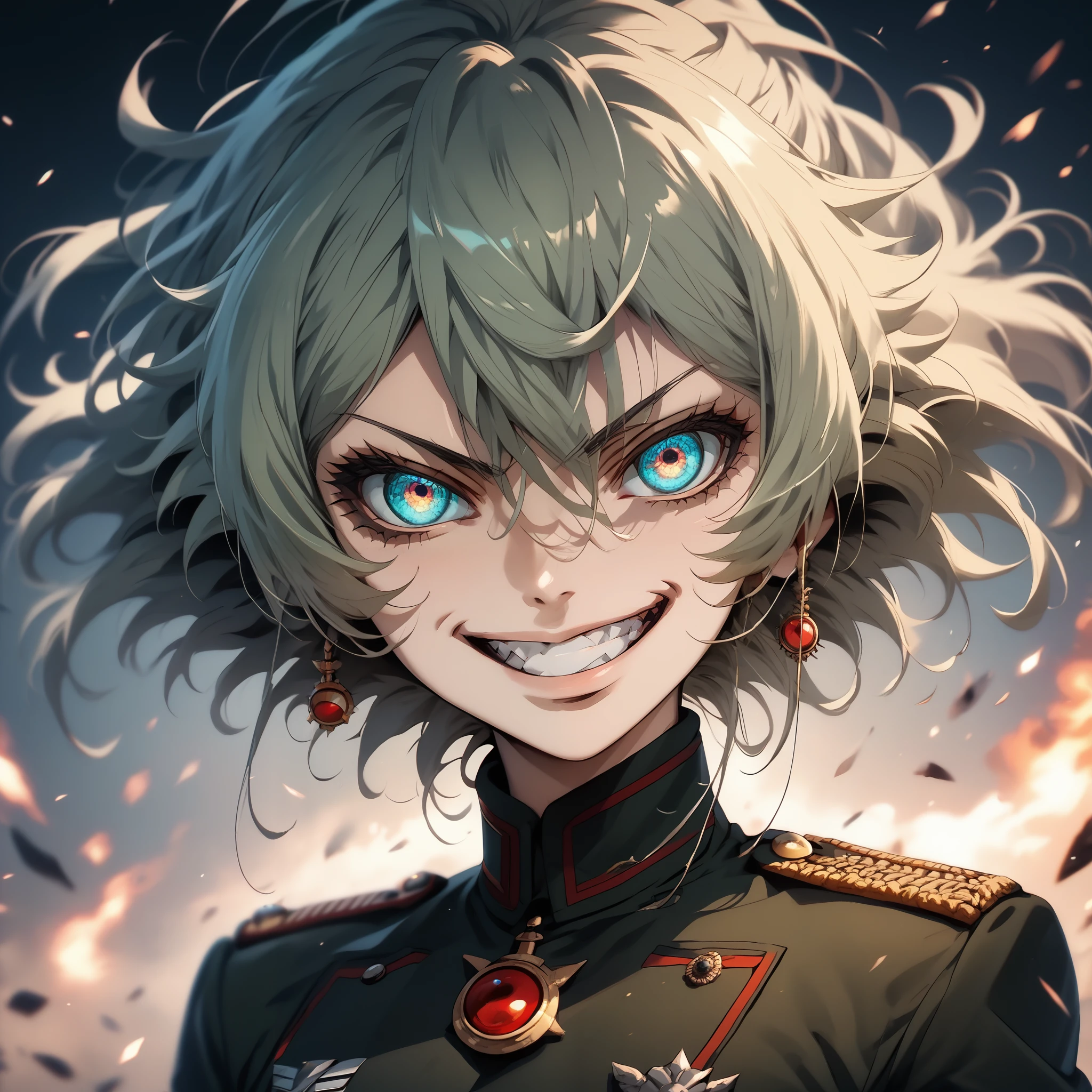 score_9, score_8_up, score_7_up, score_6_up, score_5_up, score_4_up, 1 girl, TanyaDegurechaff, no expression, evil smile, grin, beautiful sparkling blue eyes, military uniform, fierce battlefield