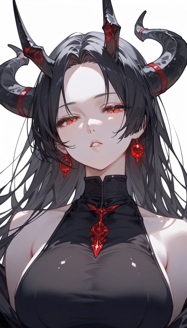 masterpiece, Score_9, Score_8_up, Score_7_up, front view, 1 woman, alone, black hair with red, long hair, parted bangs, dark red eyes, half-closed eyes, parted lips, expressionless, pale skin, large breasts, body suit, black bottom, best quality, horns up, long open bangs, black sleeveless shirt, black V-neck, red baggy pants, high heels.