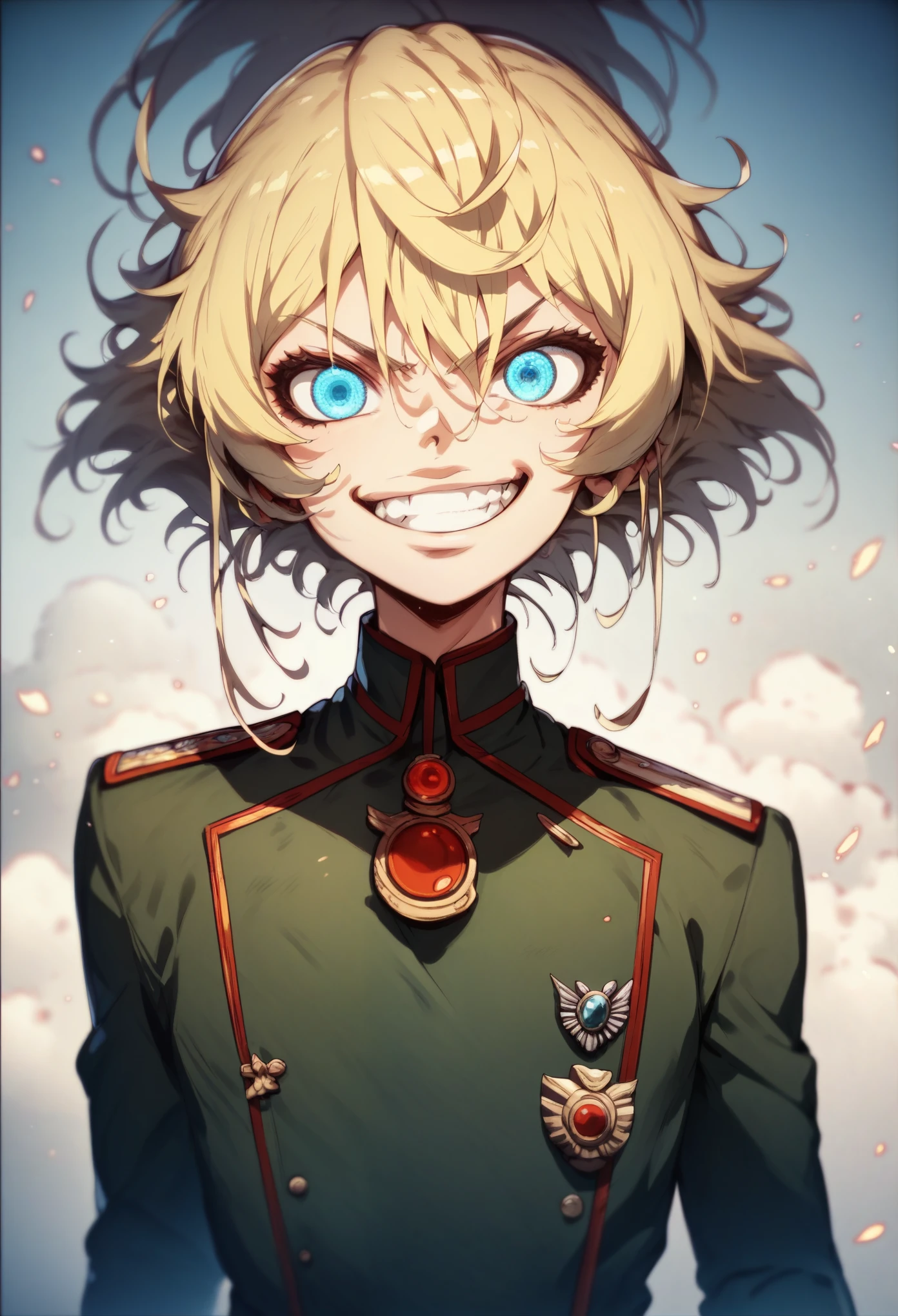 score_9, score_8_up, score_7_up, score_6_up, score_5_up, score_4_up, 1 girl, TanyaDegurechaff, no expression, evil smile, grin, beautiful sparkling blue eyes, military uniform, fierce battlefield